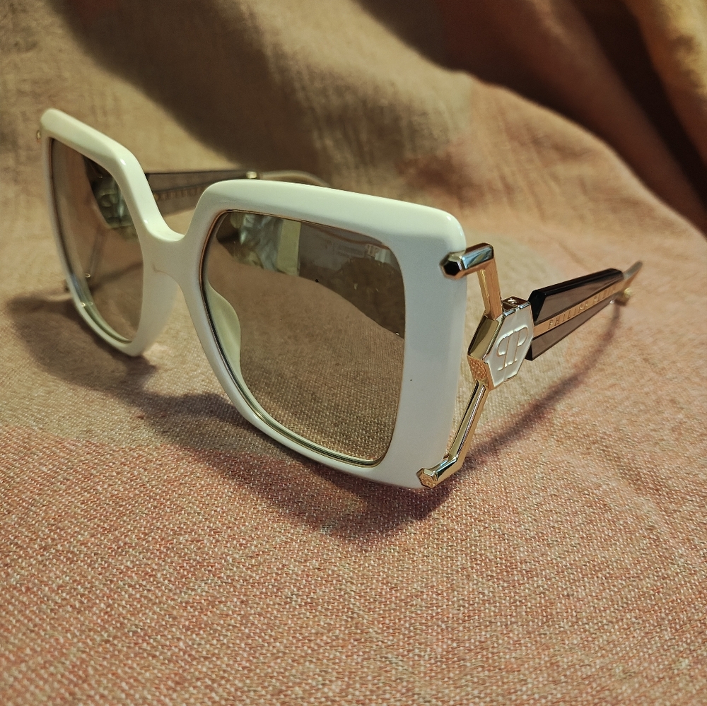 Philipp Plein Queen Women's Sunglasses in White with Gold 💀Details